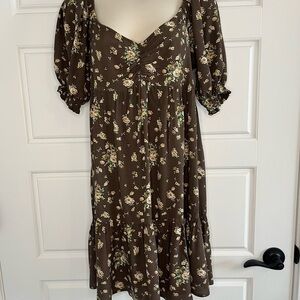 STR Brown Ditsy Floral Puff Sleeve Babydoll Minidress Size M Cottagecore Prairie